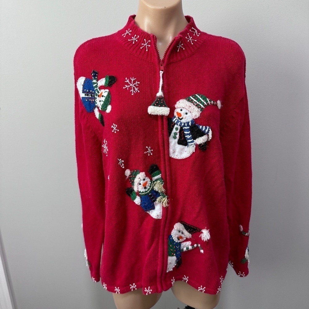 Heirloom Collectibles Snowman Snowflake Ugly Christmas Sweater Cardigan Red